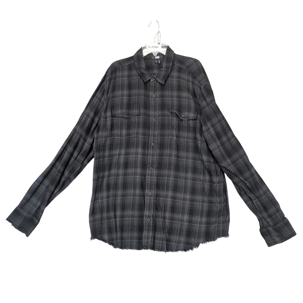 Paige Night Watch Black Plaid Flannel Button Shirt Mens XL Raw Hem/Cuffs Grunge